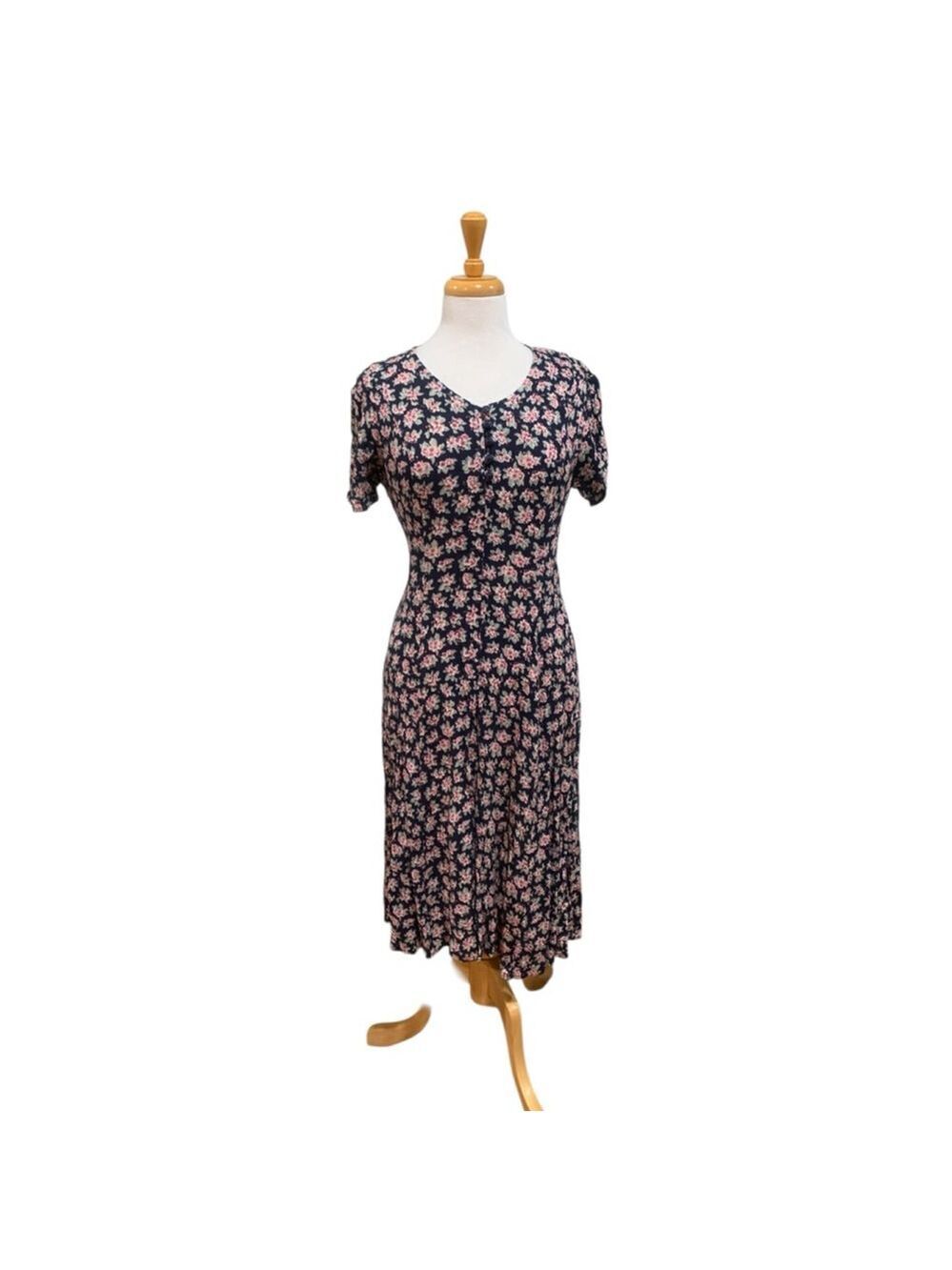 Vintage 90’s rayon corset back BETSY'S THINGS Navy Pink Floral Dress Petite 10P